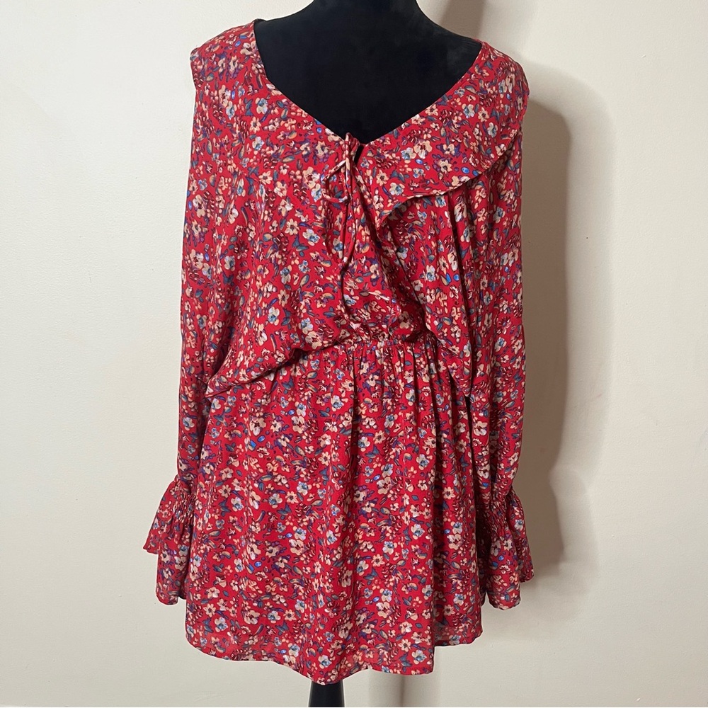 VICI Women’s‎ Pink/Blue Floral Smocked Long Sleeve Faux Wrap V~Neck Mini Dress M